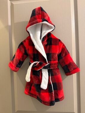 Kids Hooded Buffalo Plaid Robe with Cozy Sherpa Lining - Red & Black